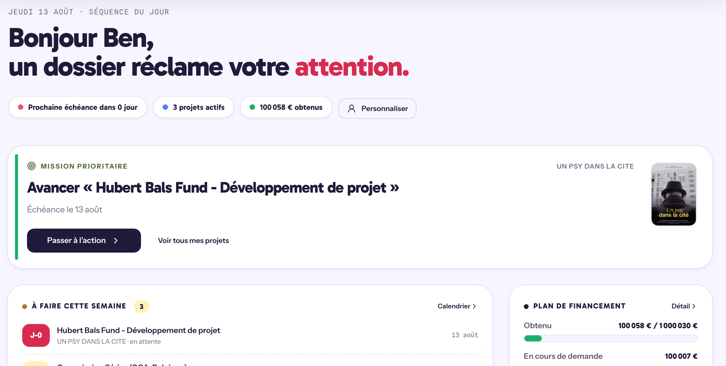 L’écran Aujourd’hui d’Alphonsine : la mission prioritaire du jour sur Un psy dans la cité, les dossiers à faire cette semaine et l’avancement du plan de financement.